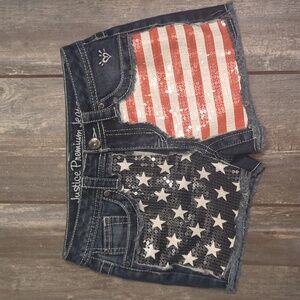 3/$30 JUSTICE Jeans girls sequin USA American Flag patriotic jean shorts sz 12